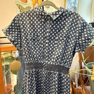 Blue and White Patterned Denim Shirt Dress